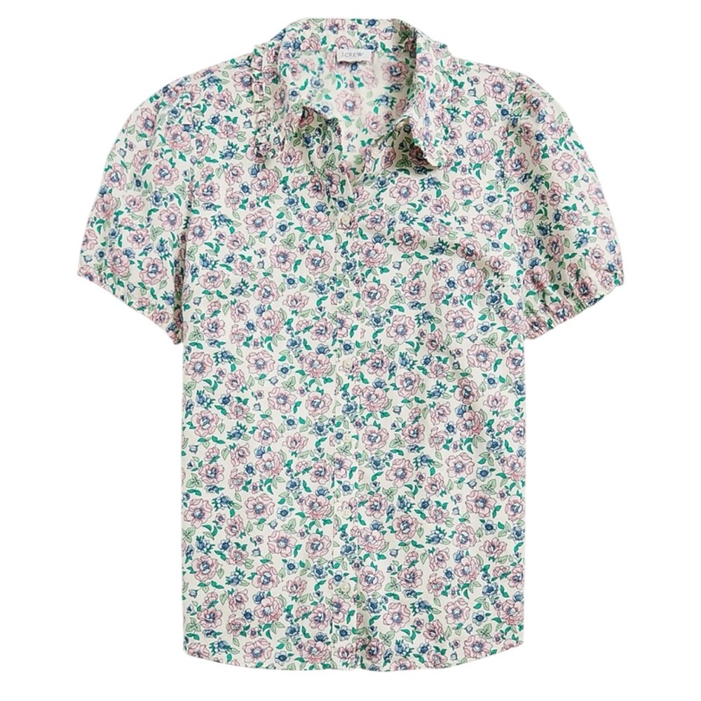 J.Crew Factory Printed floral puff-sleeve ruffle-collar top